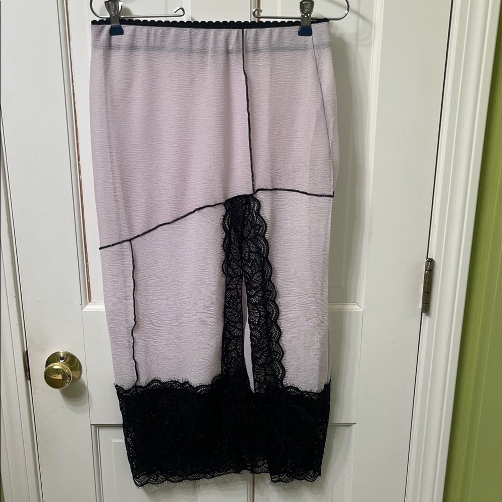 Pink black lace, textured see-through skirt or dress, front embellished slit
